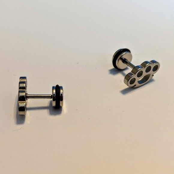 Brass Knuckle Stud Pair Earrings Stainless Steel - Picture 3 of 3